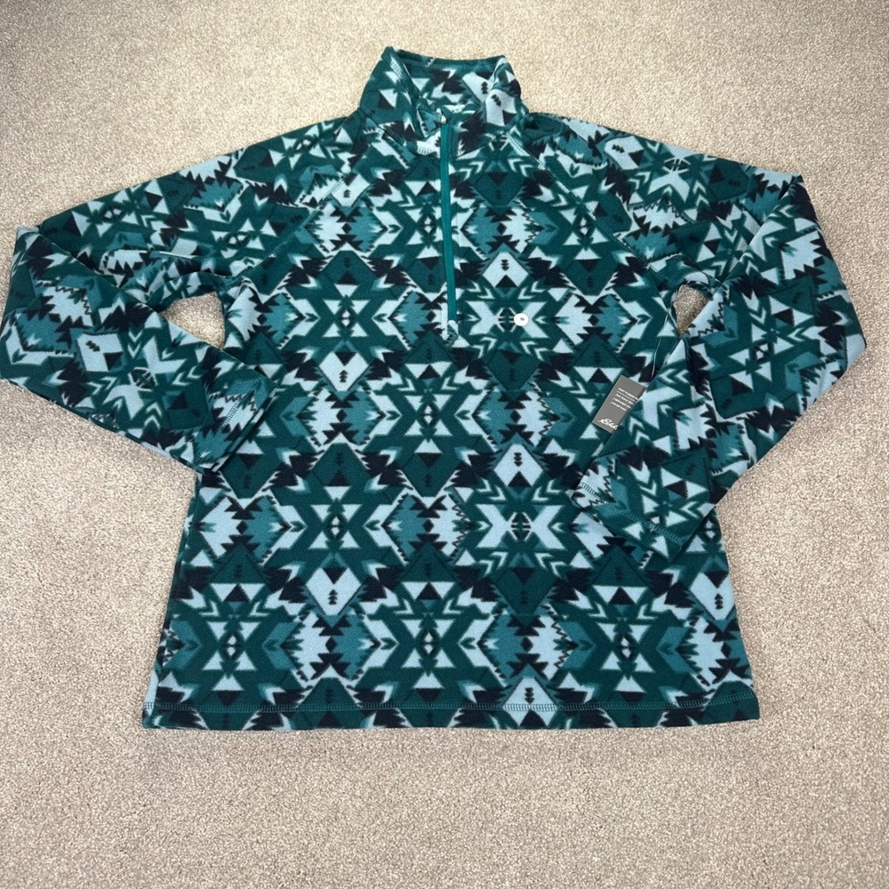 Eddie Bauer Womens Fleece Quarter Zip Pullover Geometric Print Green Blue Size S